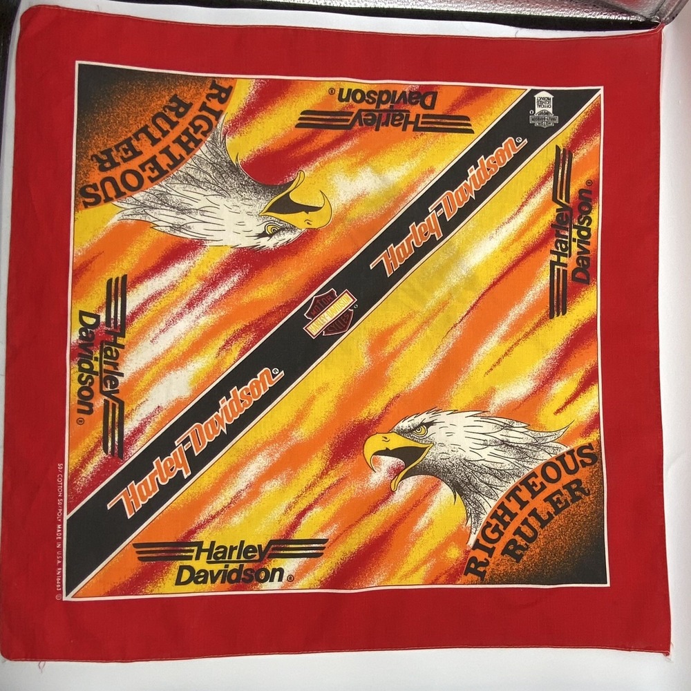 Vintage Harley Davidson Eagle Black Red Orange Bandana USA Righteous Ruler